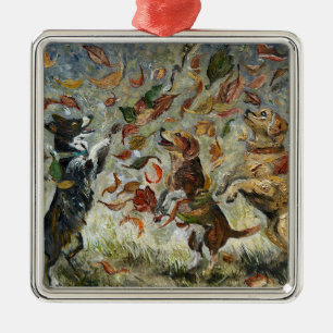 Autumn Tailwag Whimsical Golden Retriever Dogs Oil Metal Ornament