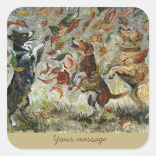 Autumn Tailwag Whimsical Golden Retriever Dogs Oil Square Sticker