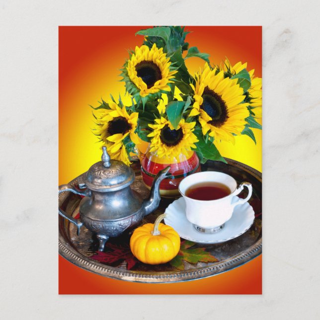 Autumn Tea Service with Sunflowers Postcard (Front)