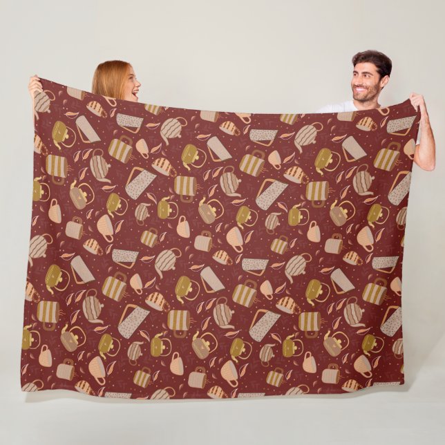 Autumn Tea Time Teapot Mug Leaf Pattern Fleece Blanket (In Situ)