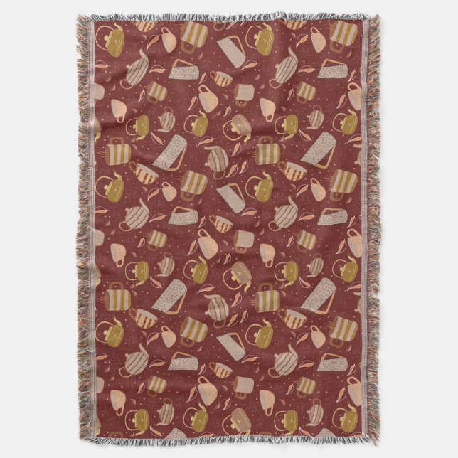 Autumn Tea Time Teapot Mug Leaf Pattern Throw Blanket (Front Vertical)