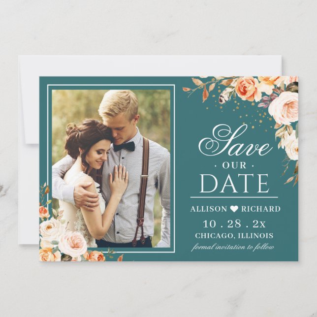 Autumn Teal Gold Orange Floral Photo Wedding Save The Date (Front)