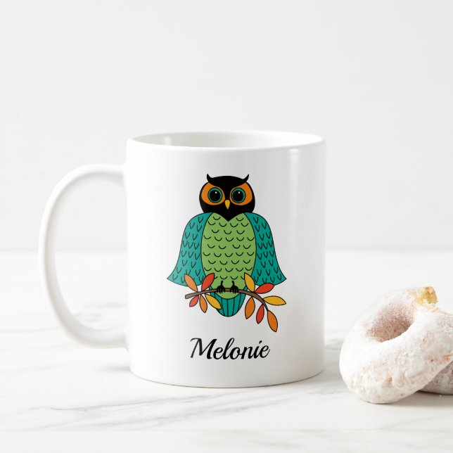 Autumn Teal Owl Monogrammed Name Coffee Mug (With Donut)