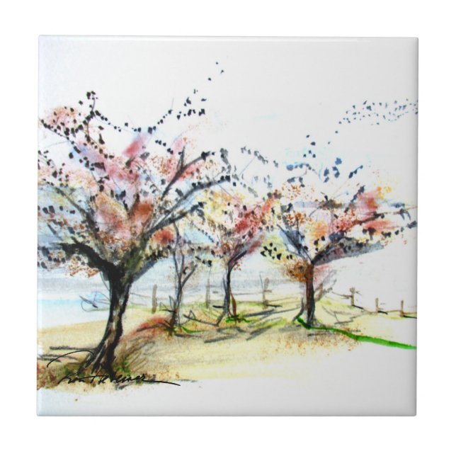 Autumn Tees & Birds Ceramic Tile (Front)