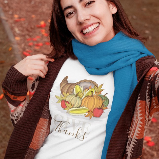 Autumn Thanksgiving Cornucopia Give Thanks  T-Shirt (Give thanks fall cornucopia T shirt)