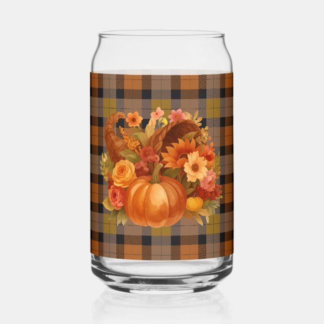 Autumn Thanksgiving Harvest Plaid Can Glass (Front)