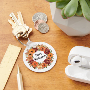 Autumn Thanksgiving Pumpkin and flowers   Key Ring