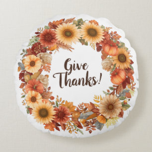 Autumn Thanksgiving Pumpkin and flowers  Round Pil Cushion