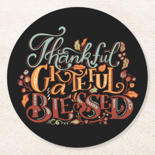 Autumn Thanksgiving Thankful Grateful Blessed Round Paper Coaster