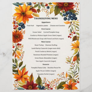 Autumn Theme Flowers & Berries Menu Invitation Custom Letterhead