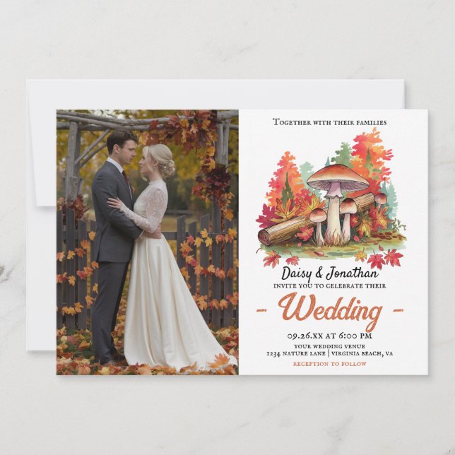 Autumn theme with mushroom watercolor wedding invitation (Front)