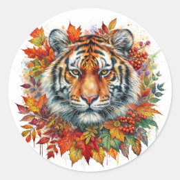 Autumn Tiger Face Among Fall Leaves Classic Round Sticker