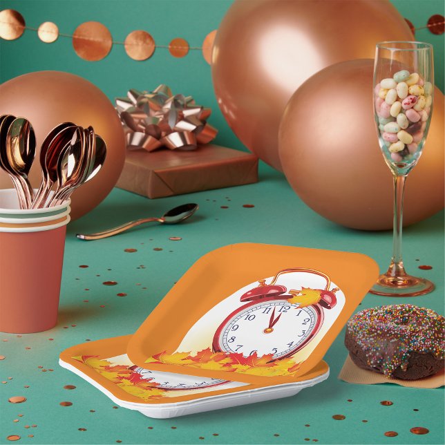 Autumn Time Change Fall Leaves And Retro Clock  Paper Plate (Creator Uploaded)