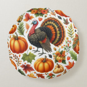 Autumn Tom Turkey Pumpkin Pattern  Round Cushion