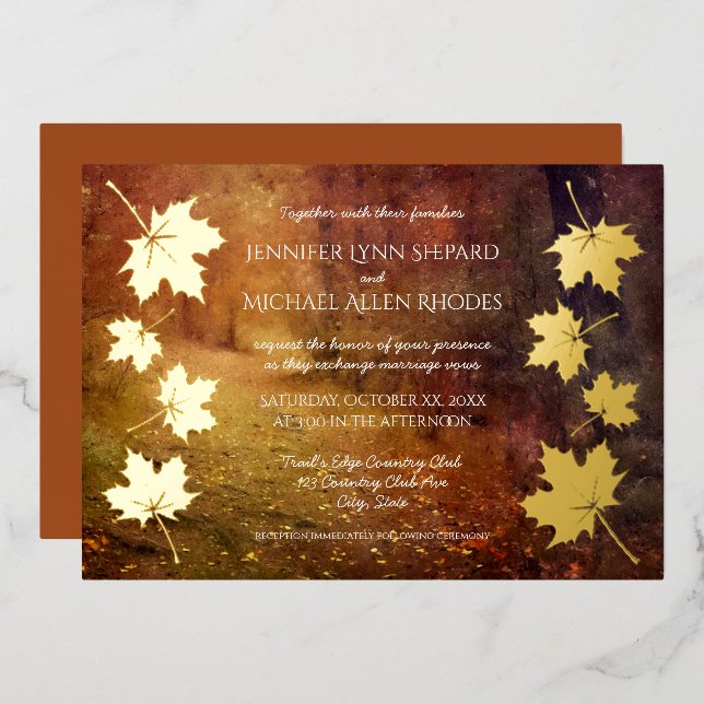 autumn trail falling maple leaves rustic wedding (Front/Back)