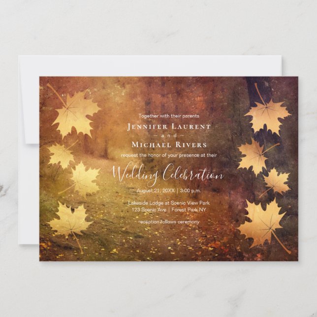 autumn trail falling maple leaves rustic wedding invitation (Front)