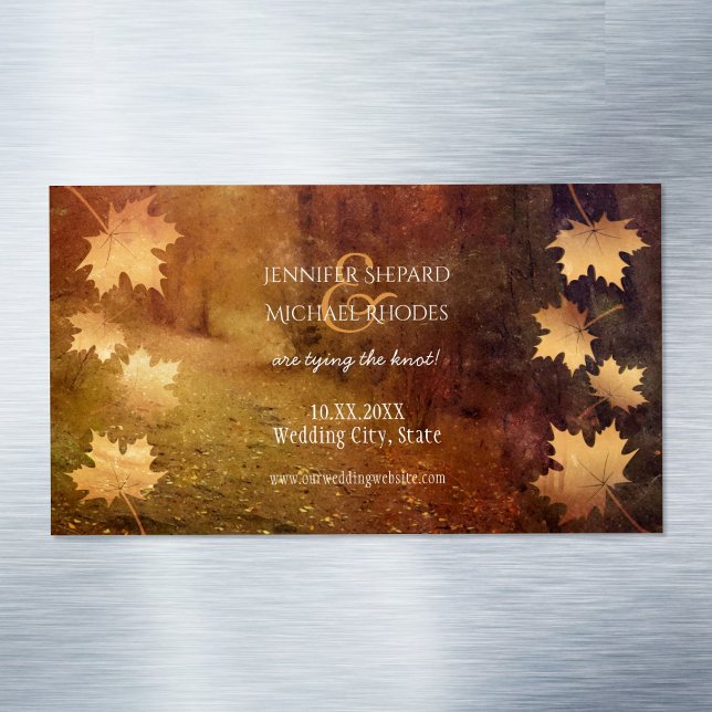 autumn trail falling maple leaves rustic wedding 	Magnetic business card (Creator Uploaded)