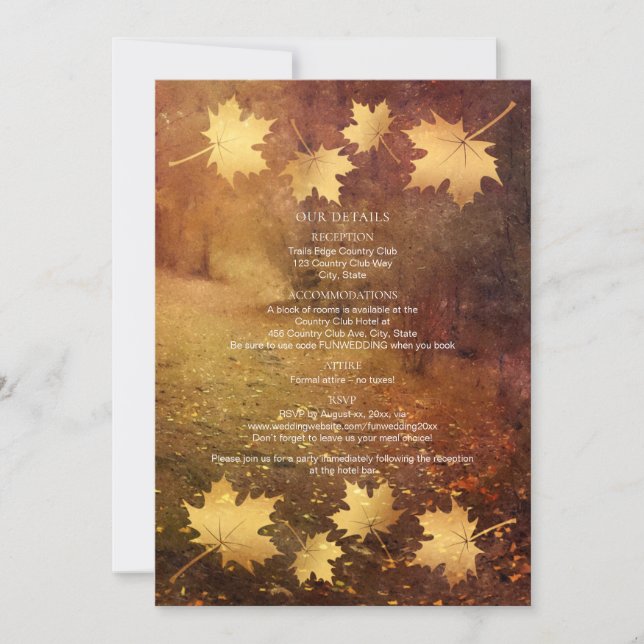 autumn trail falling maple leaves wedding details  (Front)