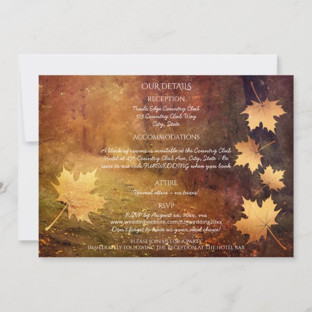 autumn trail falling maple leaves wedding details  (Front)