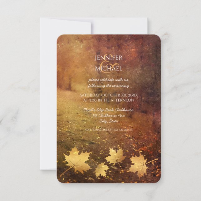 autumn trail maple leaves rustic wedding reception invitation (Front)
