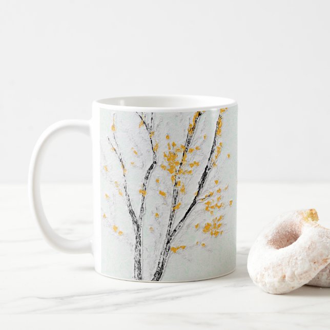 Autumn Tree Branches with Yellow Fall Leaves Coffee Mug (With Donut)