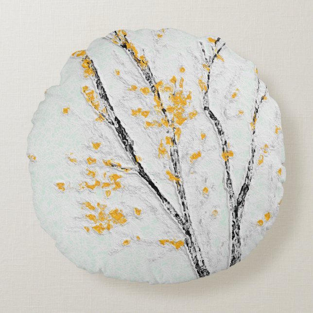 Autumn Tree Branches with Yellow Fall Leaves Round Cushion (Front)