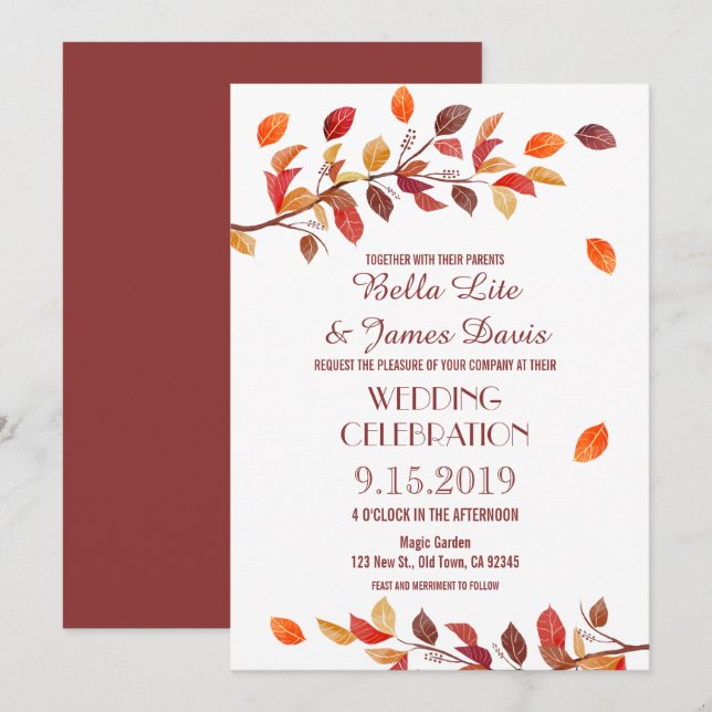 Autumn Tree Fall Leafs Wedding Invitations (Front/Back)