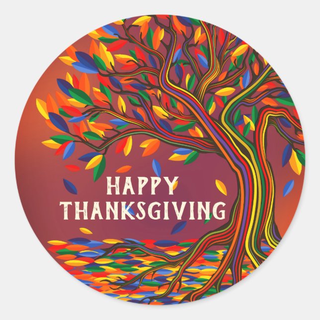 Autumn Tree Personalised Happy Thanksgiving Party Classic Round Sticker (Front)