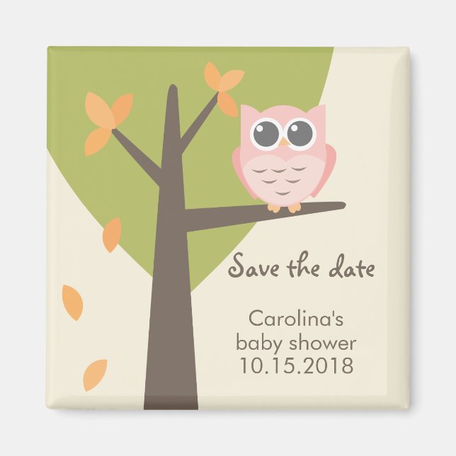 Autumn Tree Pink Owl Baby Shower Save the Date Magnet (Front)