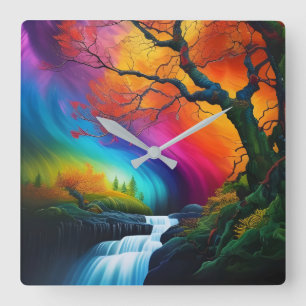 Autumn tree, Rainbow skies waterfalls Square Wall Clock