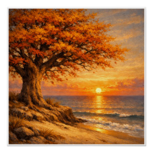 Autumn Tree with Butterflies at Sunrise Poster