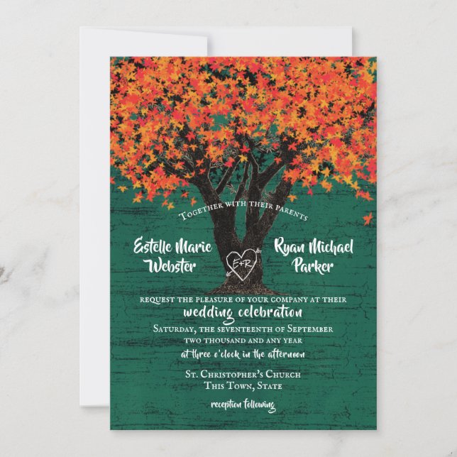 Autumn Tree with Carved Heart Rustic Wedding Invitation (Front)