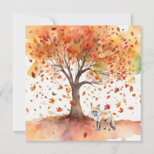 Autumn Tree with Falling Leaves and Fox Watercolor Card