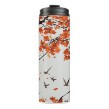 Autumn Tree with Leaves and Birds.