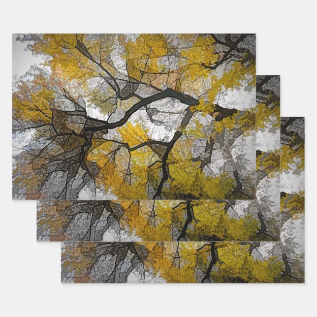 Autumn Tree Yellow Grey Leaves Sky Wrapping Paper Sheet (Set)