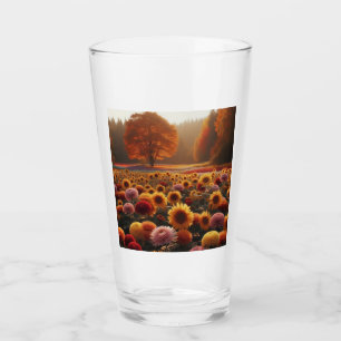 Autumn trees/field with mums glass