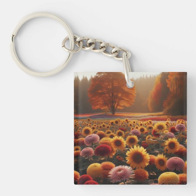 Autumn trees/field with mums key ring (Front)