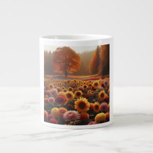 Autumn trees/field with mums large coffee mug