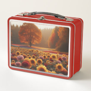 Autumn trees/field with mums metal lunch box