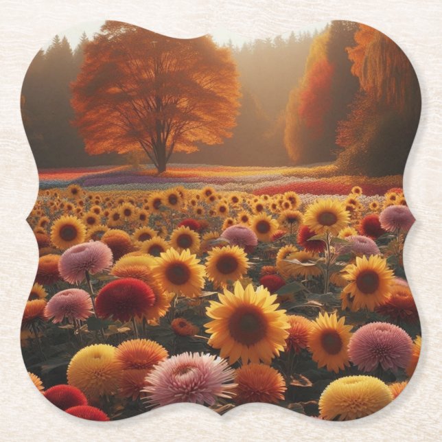 Autumn trees/field with mums paper coaster (Front)