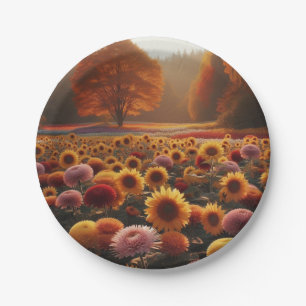 Autumn trees/field with mums paper plate