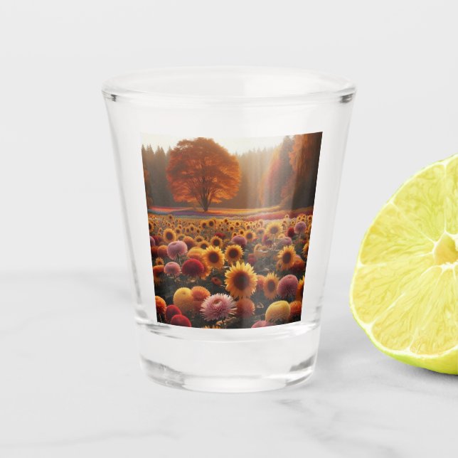 Autumn trees/field with mums shot glass (Front)