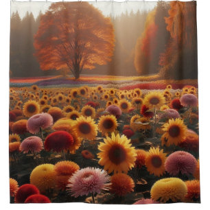 Autumn trees/field with mums shower curtain