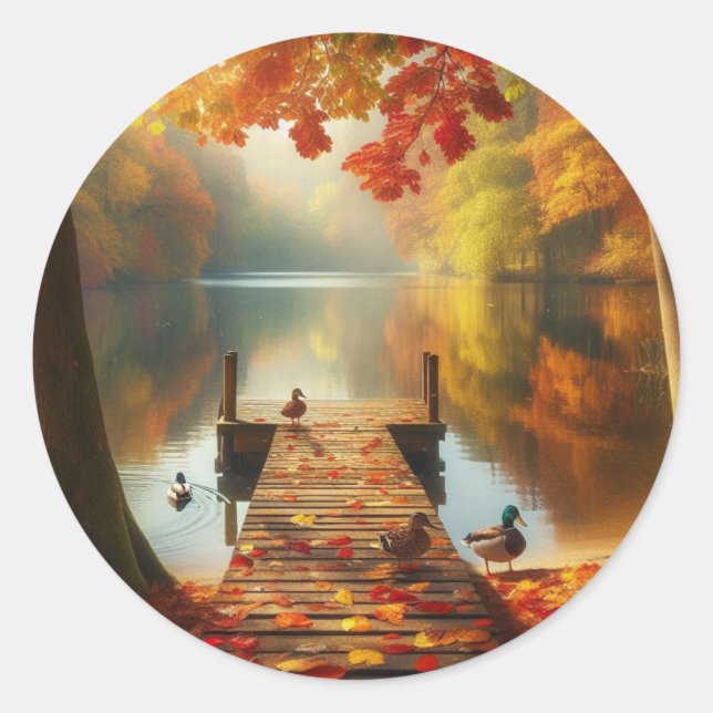 Autumn trees & lake with ducks classic round sticker (Front)