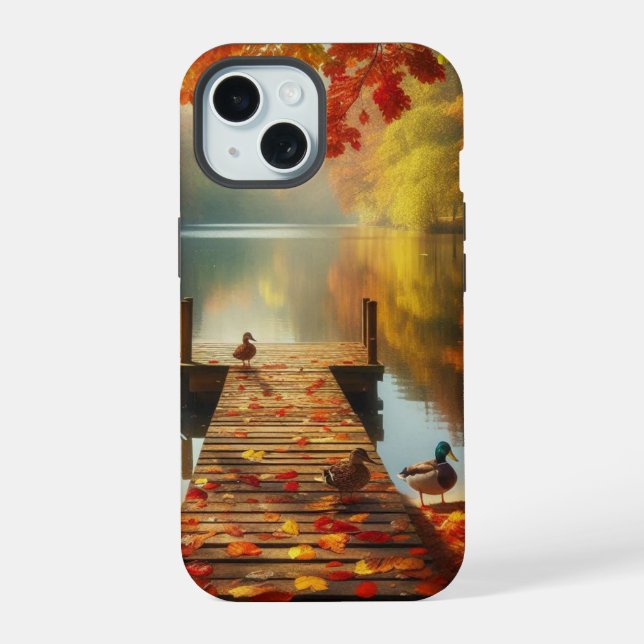 Autumn trees & lake with ducks iPhone 15 case (Back)