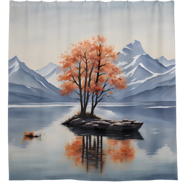 Autumn Trees on an Island in a Mountain Lake Shower Curtain (Front)