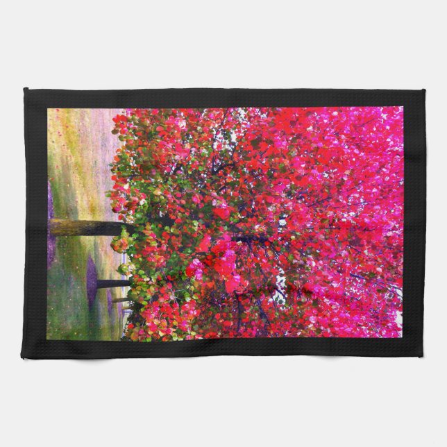 Autumn trees pink red leaves impressionistic trees tea towel (Horizontal)
