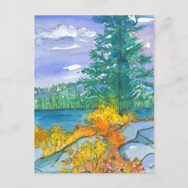 Autumn Trees Watercolor Mountain Lake Postcard (Front)