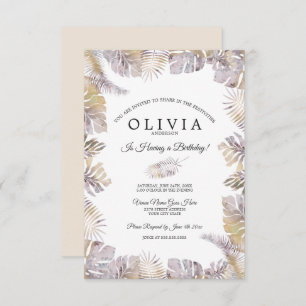 Autumn Tropic Leaf Watercolor Birthday Mauve Gold Invitation