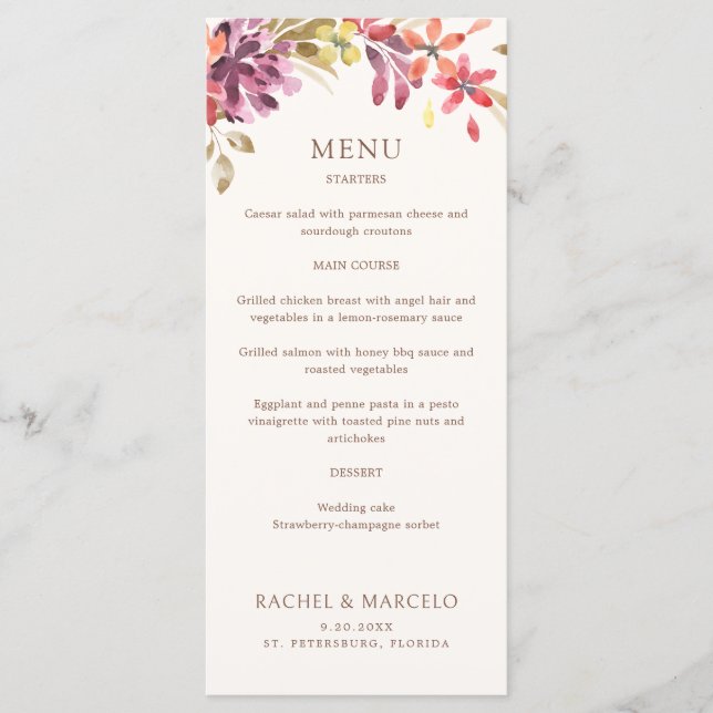Autumn Tropical Floral Abstract Wedding Menu (Front)